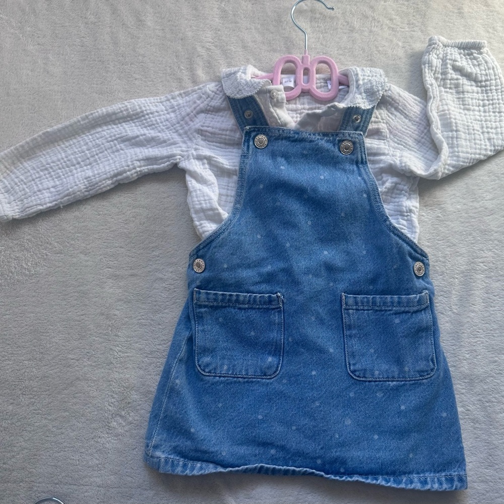 Mango Blue Denim Overalls with White Top